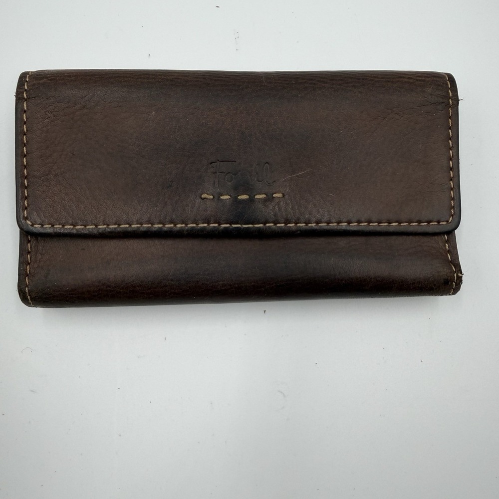Fossil Brown Leather Checkbook Wallet Clutch Organizer Y2K